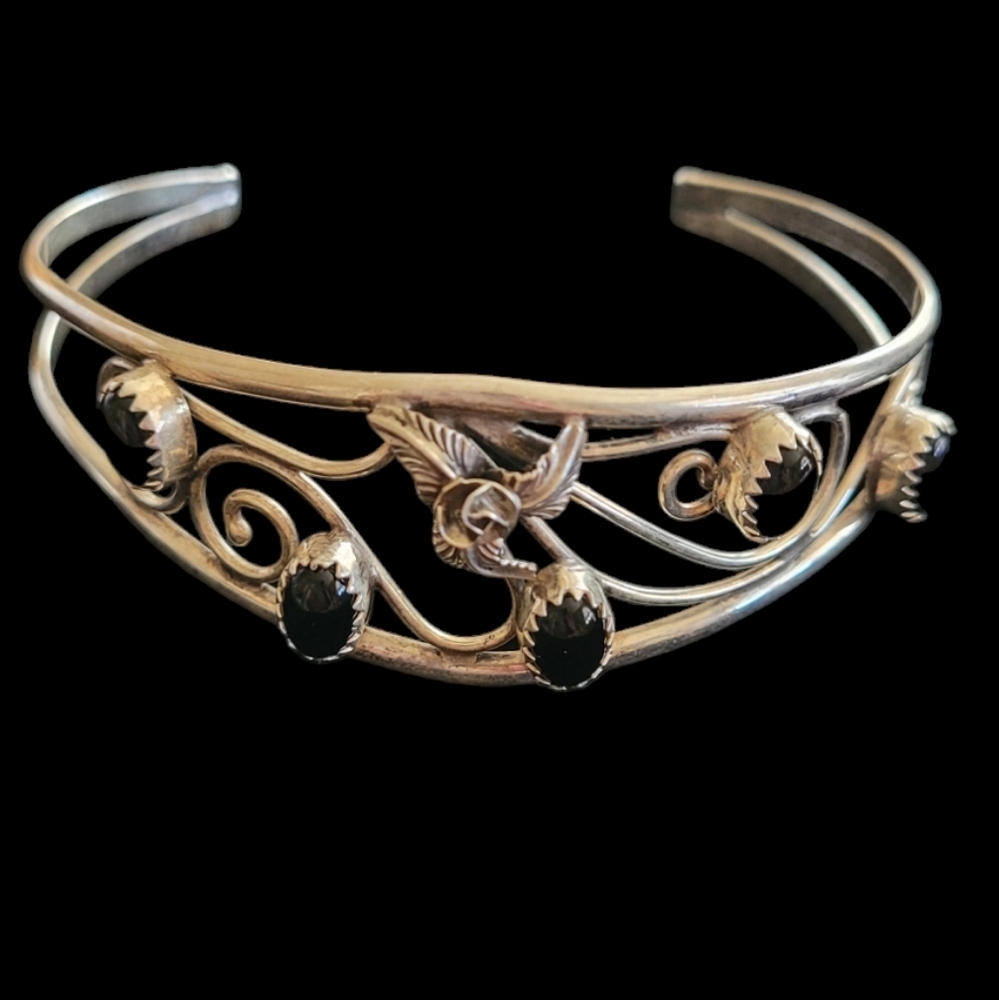 Vintage Jerry Cowboy Marked Silver Navajo Natural Onyx and Flower Cuff Bracelet